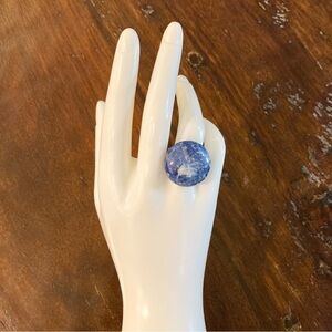 Blue Gemstone Silver Ring Adjustable Hammered Wide Band
